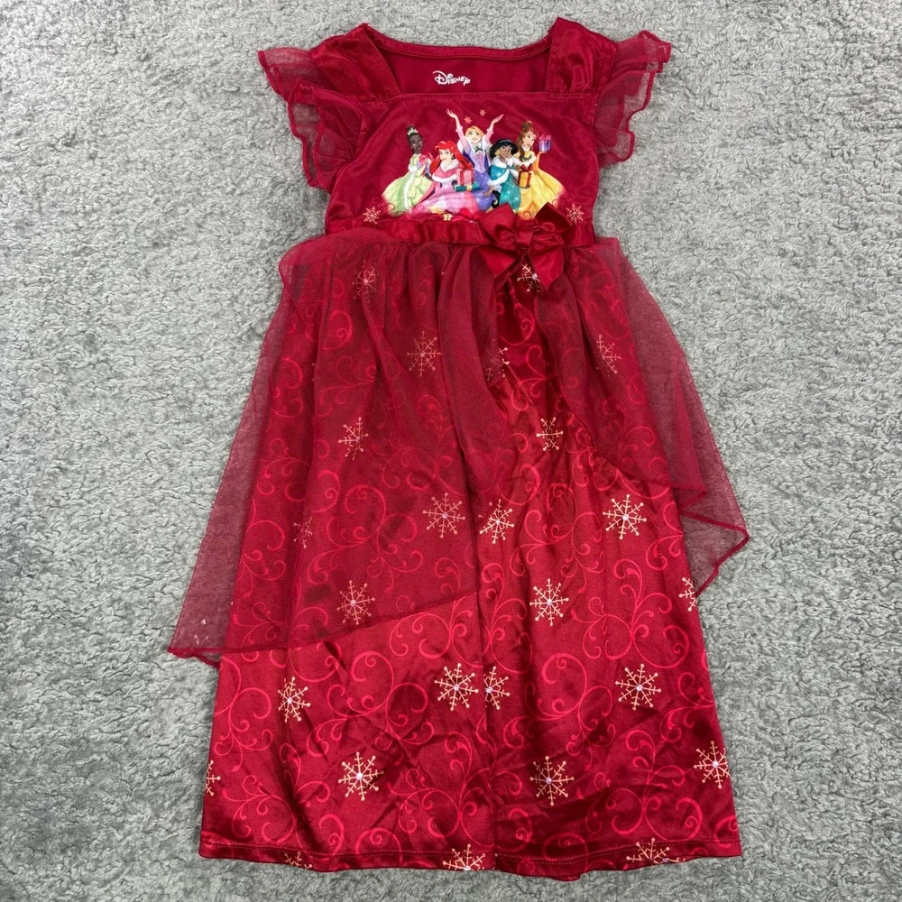 Disney Princess Girls Red Snowflake Holiday Nightgown Dress 3T Ariel Belle Tiana - Picture 1 of 7